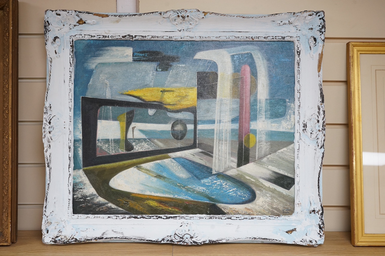 A decorative, Modernist oil on board, abstract composition, 39 x 49cm. Condition - good, losses to the frame